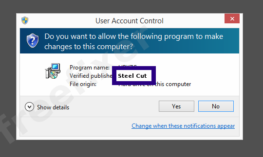 Screenshot where Steel Cut appears as the verified publisher in the UAC dialog